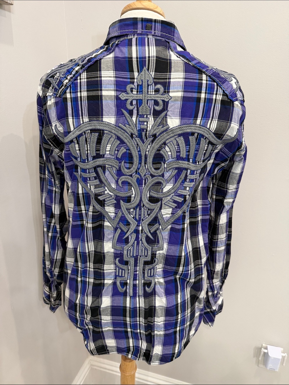 Purple Plaid Long-Sleeve Shirt with Embroidered Back